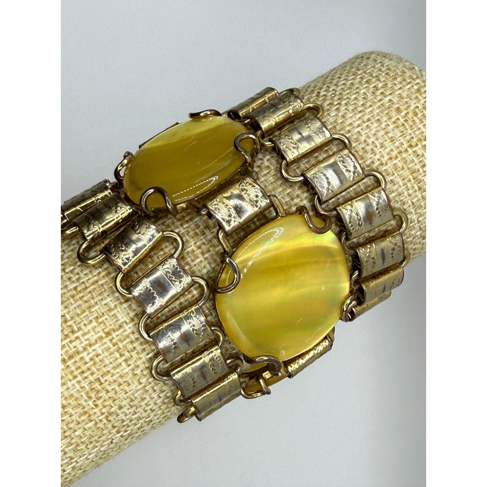 Vintage MCM Brutalist Moonglow Bracelet BR Yellow Gold Tone Wide Panel Retro